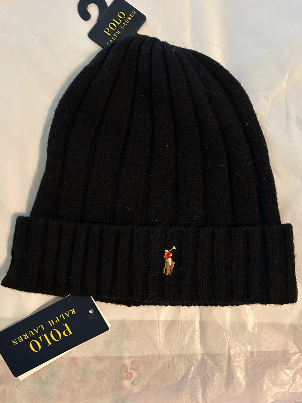 Polo by Ralph Lauren Black Ribbed Cuffed Beanie with Pony Logo